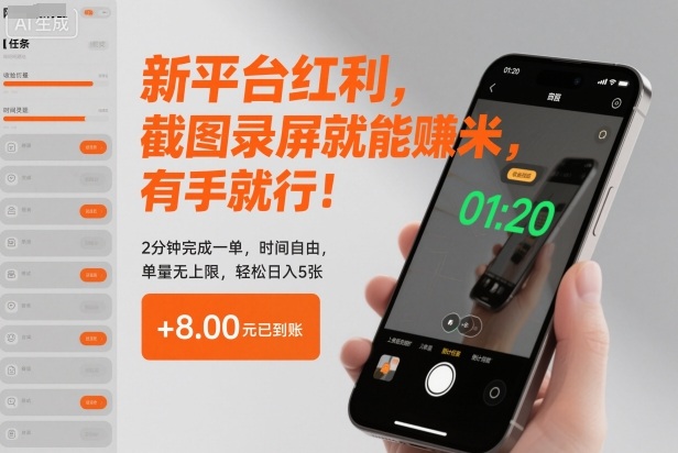 新平台红利，截图录屏就能賺米，有手就行！2分钟完成一单，时间自由，单量无上限，轻松日入5张【揭秘】-吾爱网创