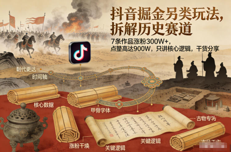 抖音掘金另类玩法，拆解历史赛道，7条作品涨粉300W+，点赞量高达900W，只讲核心逻辑，干货分享-吾爱网创