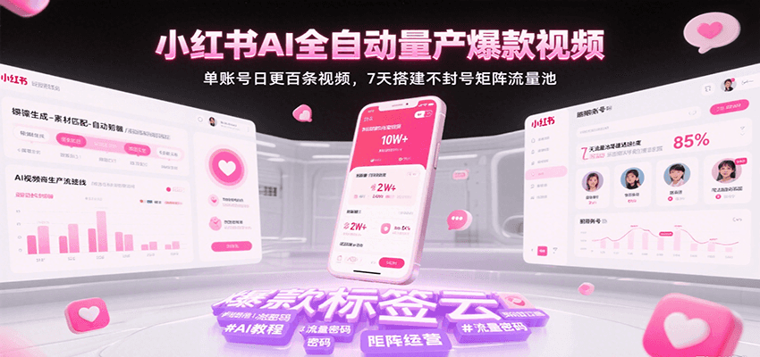 小红书AI全自动量产爆款视频，单账号日更百条视频，7天搭建不封号矩阵流量池（更新）-吾爱网创