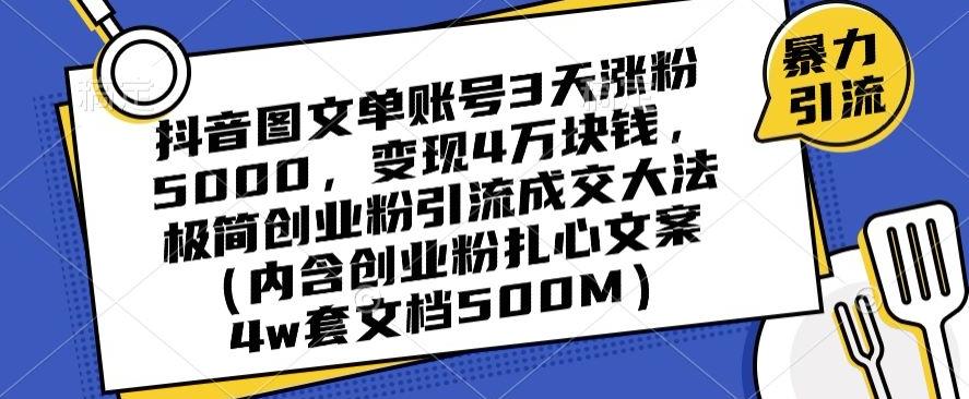 抖音图文单账号3天涨粉5000，变现4万块钱，极简创业粉引流成交大法-吾爱网创