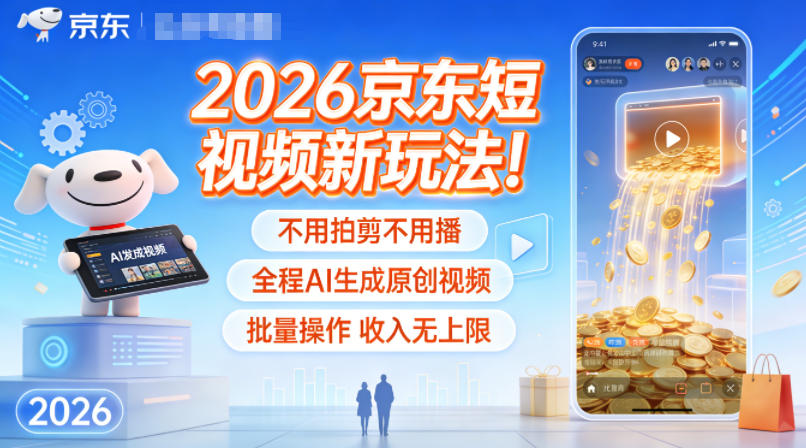 2026京东短视频新玩法！不用拍剪不用播，全程AI生成原创视频，批量操作收入无上限-吾爱网创