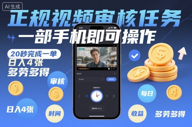 正规视频审核任务,一部手机即可操作,20秒完成一单,日入4张,多劳多得【揭秘】-吾爱网创