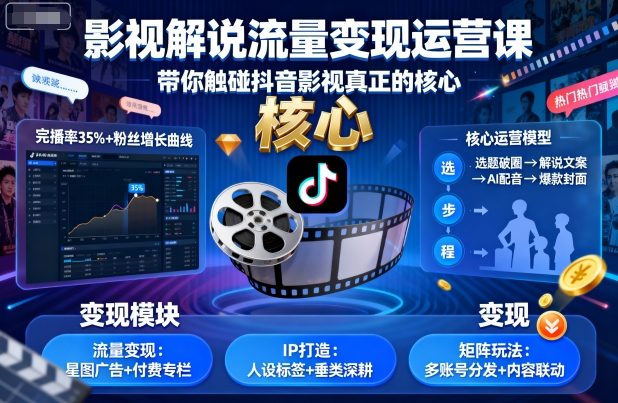 影视解说流量变现运营课,带你触碰抖音影视真正的核心-吾爱网创
