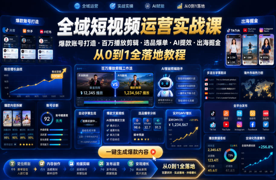全域短视频运营实战课，爆款账号打造・百万播放剪辑・选品爆单・AI提效・出海掘金，从0到1全落地教程-吾爱网创