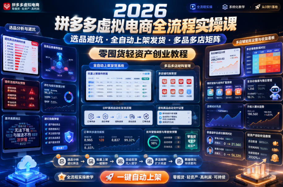2026拼多多虚拟电商全流程实操课，选品避坑・全自动上架发货・多品多店矩阵，零囤货轻资产创业教程-吾爱网创
