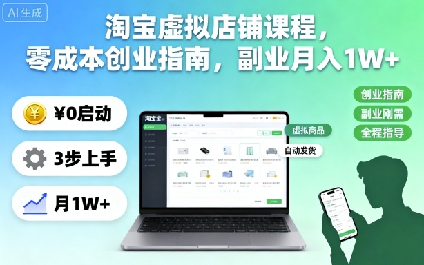 淘宝虚拟店铺课程，零成本创业指南，副业月入1W+-吾爱网创