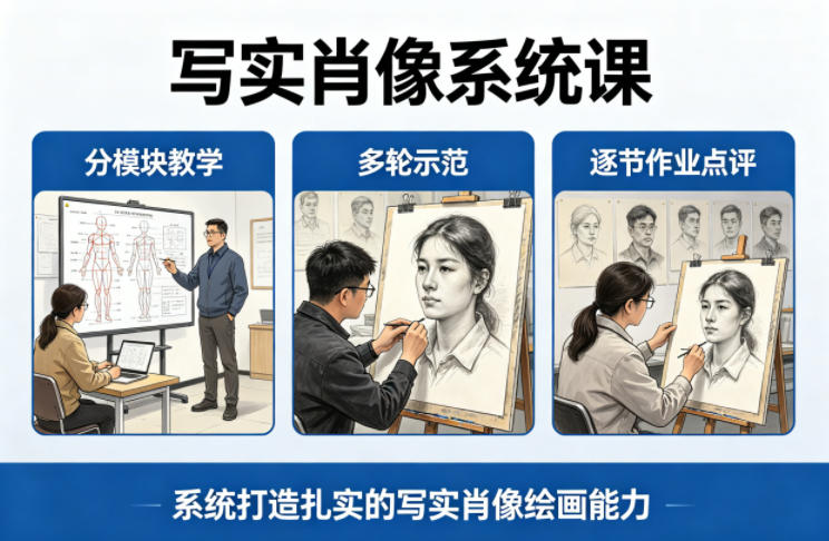 写实肖像系统课,全程分模块教学+多轮示范+逐节作业点评,系统打造扎实的写实肖像绘画能力-吾爱网创
