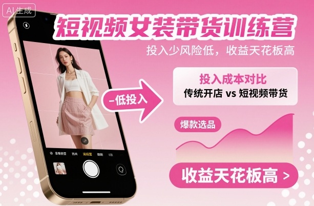 短视频女装带货训练营，投入少风险低，收益天花板高-吾爱网创