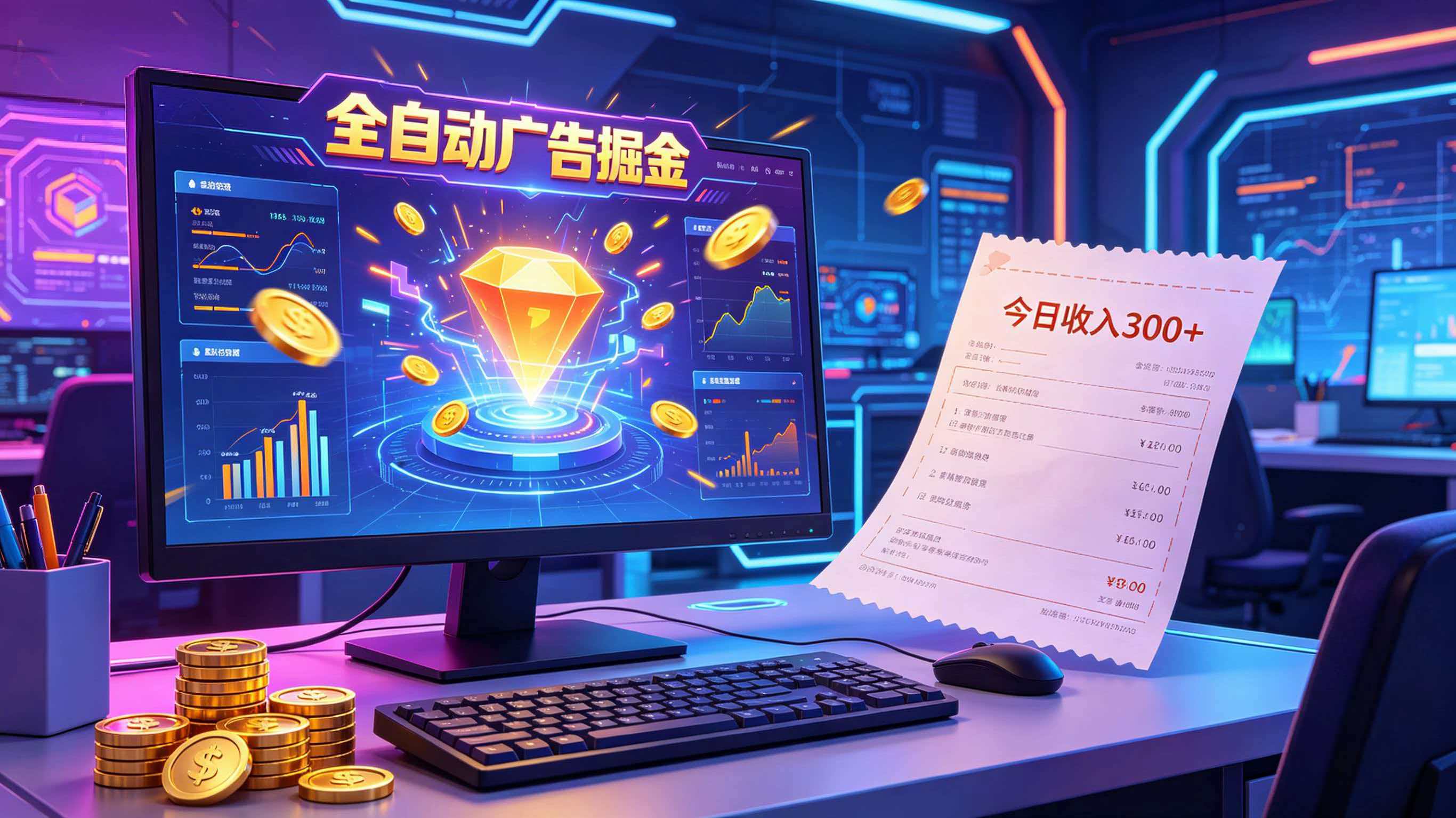 全自动广告掘金，日入300+。全程Ai自动化运行，解放双手，时间自由。收益稳定-吾爱网创