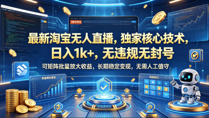 最新淘宝无人直播，独家核心技术，日入1k+，无违规无封号，可矩阵批量放大，长期稳定，无需人工值守【揭秘】-吾爱网创