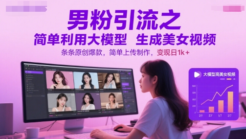男粉引流之简单利用大模型生成美女视频，条条原创爆款，简单上传制作，变现日1k+-吾爱网创