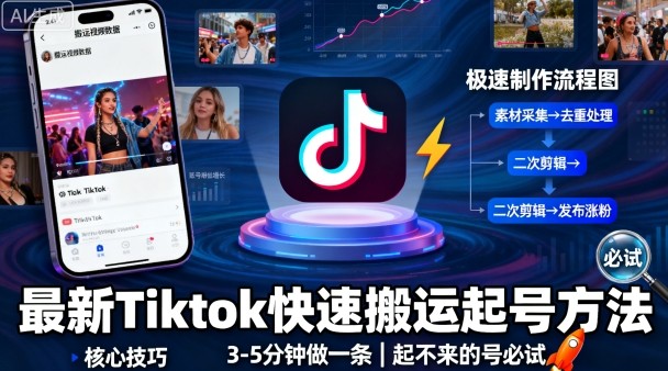最新Tiktok快速搬运快速起号方法，3-5分钟做一条，起不来的号可以试试-吾爱网创