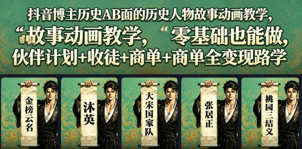 抖音博主历史AB面的历史人物故事动画教学，零基础也能做，伙伴计划+收徒+商单全变现路径教学-吾爱网创