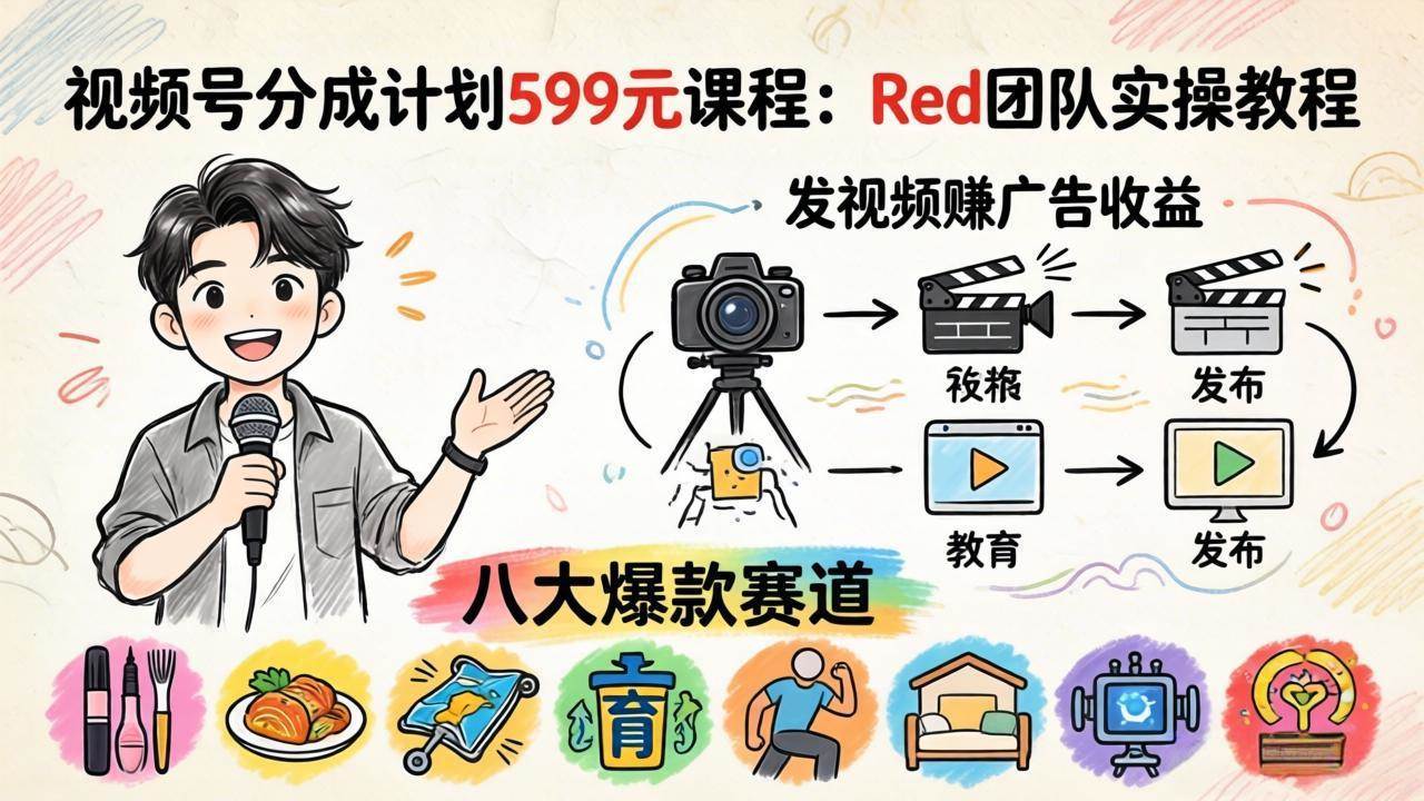 （18088期）视频号分成计划599元课程：Red团队实操教程，发视频赚广告收益，八大爆款赛道全掌握-吾爱网创