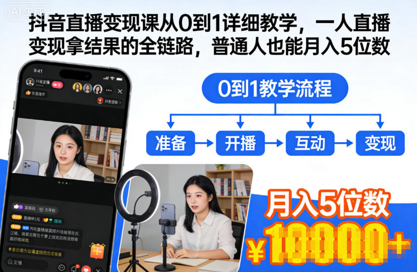 抖音直播变现课从0到1详细教学，一人直播变现拿结果的全链路，普通人也能月入5位数-吾爱网创