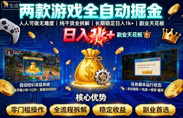 两款游戏全自动掘金，人人可做无难度，纯干货全拆解，长期稳定，日入1k+，副业天花板【揭秘】-吾爱网创