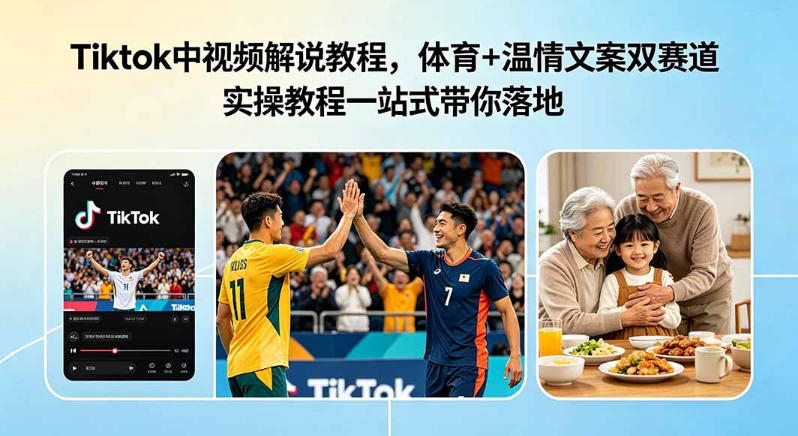 Tiktok中视频解说教程,体育+温情文案双赛道实操教程一站式带你落地,教你出海賺美刀-吾爱网创