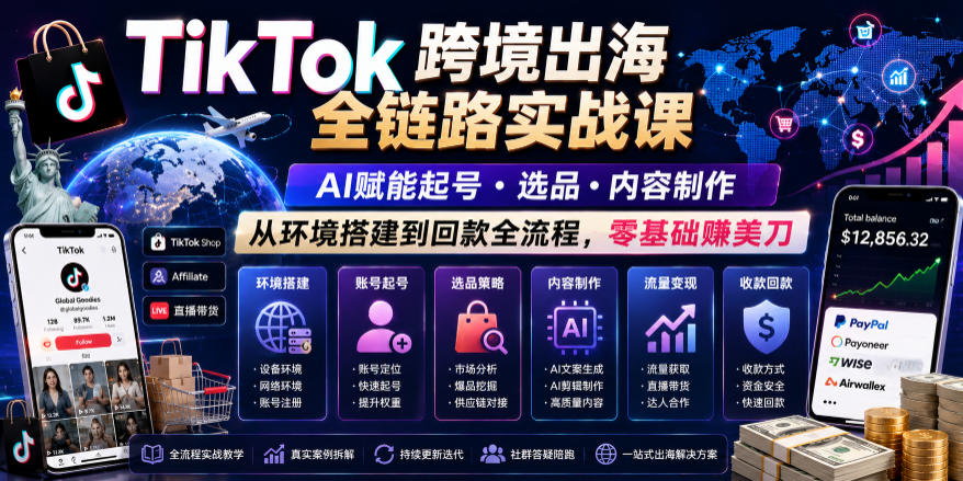 TikTok跨境出海全链路实战课，AI赋能起号・选品・内容制作，从环境搭建到回款全流程，零基础賺美刀-吾爱网创