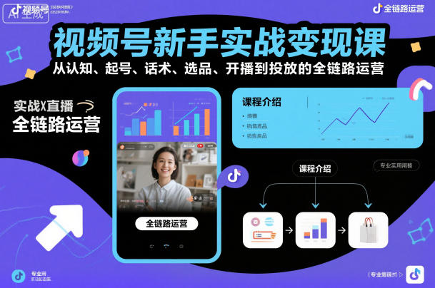 视频号新手实战变现课，从认知、起号、话术、选品、开播到投放的全链路运营-吾爱网创