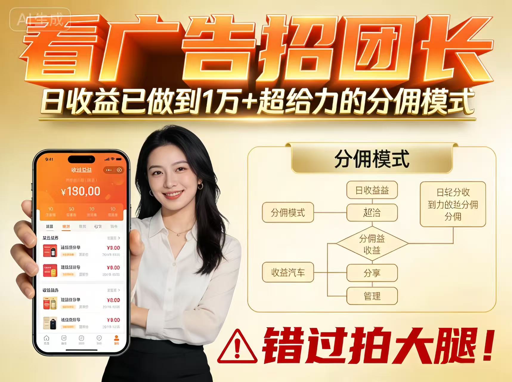 看广告招团长，团队收益已做到日入1万，分佣模式超给力，错过拍大腿-吾爱网创