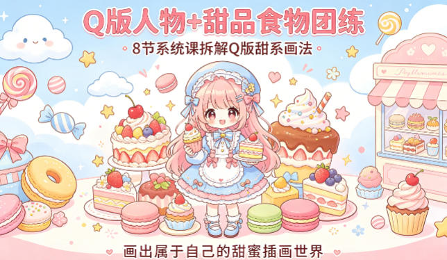 Q版人物+甜品食物团练，8节系统课拆解Q版甜系画法，画出属于自己的甜蜜插画世界-吾爱网创