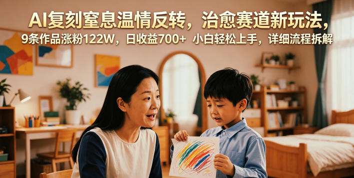 AI复刻窒息温情反转，治愈赛道新玩法，9条作品涨粉122W，日收益700+ 小白轻松上手，详细流程拆解-吾爱网创