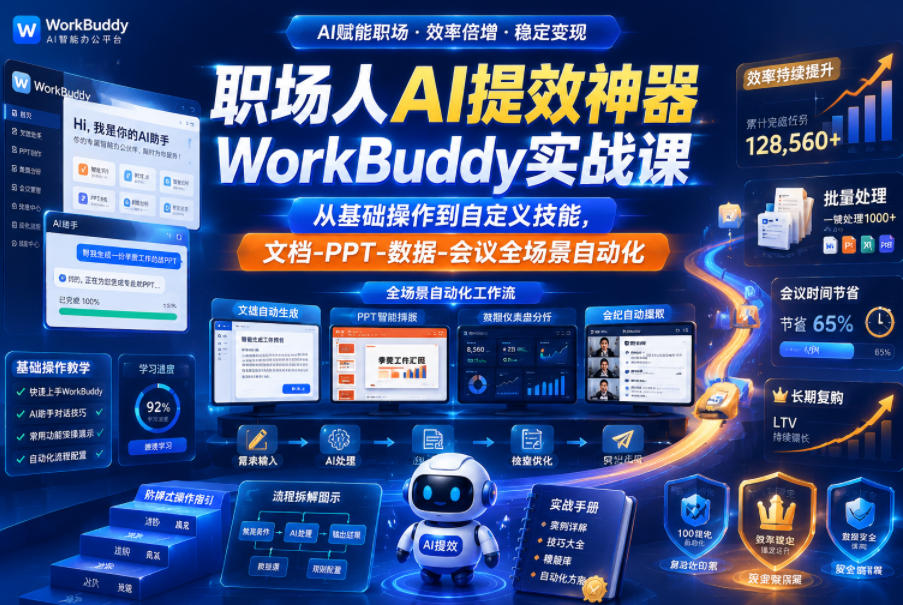 职场人AI提效神器WorkBuddy实战课,从基础操作到自定义技能,文档-PPT-数据-会议全场景自动化-吾爱网创