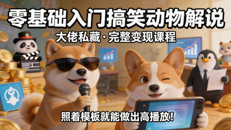 零基础入门搞笑动物解说，大佬私藏完整变现课程，照着模板就能做出高播放-吾爱网创
