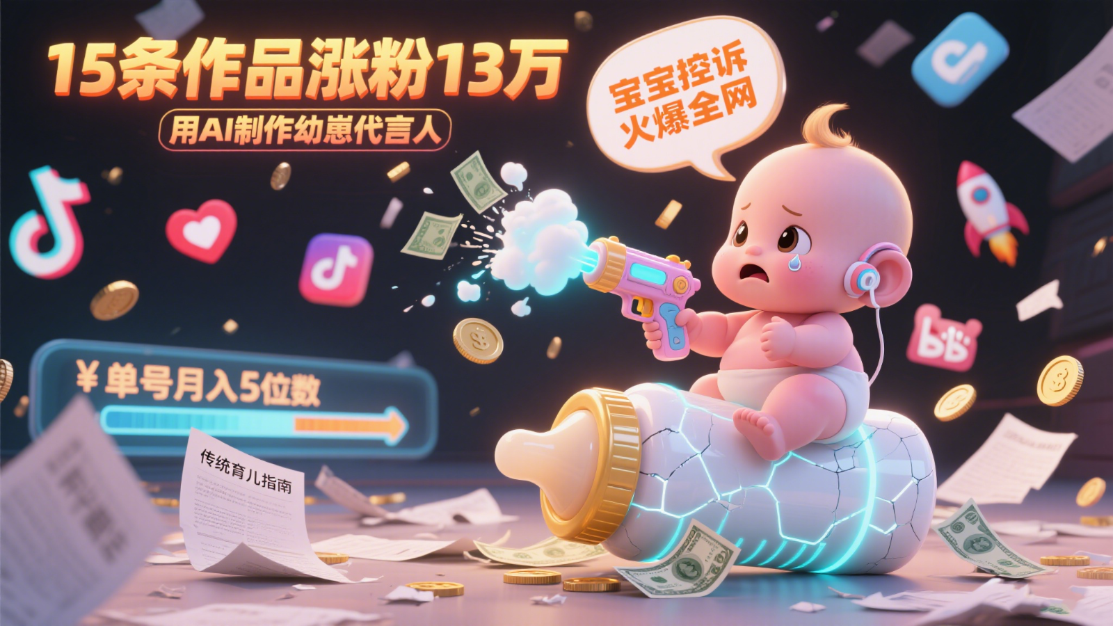 用AI制作幼崽代言人，宝宝的控诉火爆全网，15条作品涨粉13万，单号月入5位数实操教程-吾爱网创