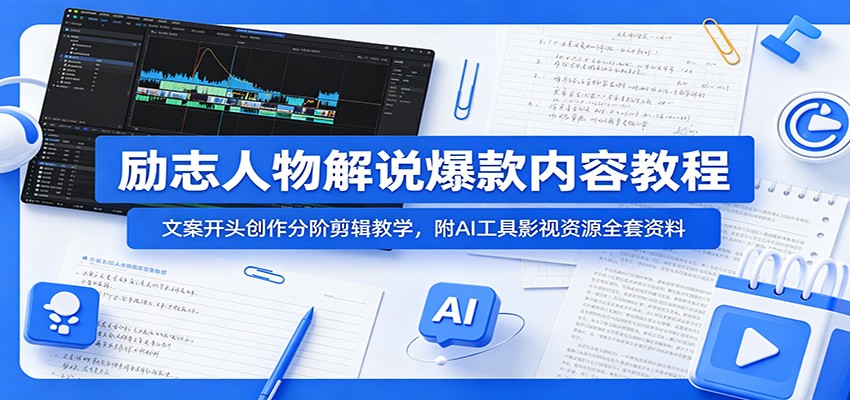 励志人物解说爆款内容教程：文案开头创作分阶剪辑教学，附AI 工具影视资源全套资料-吾爱网创