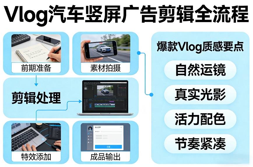 Vlog感觉汽车竖屏广告剪辑脚本全流程，拿捏爆款Vlog质感-吾爱网创