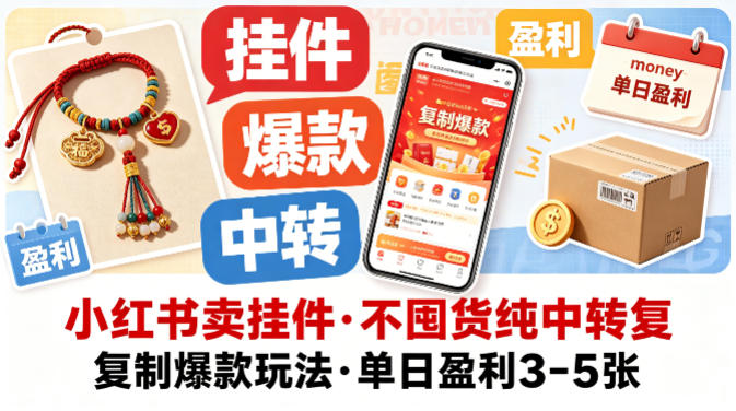 小红书卖挂件，不囤货纯中转复制爆款玩法，单日盈利3-5张-吾爱网创