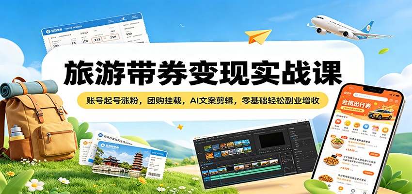旅游带券变现实战课：账号起号涨粉，团购挂载，AI文案剪辑，零基础轻松副业增收-吾爱网创