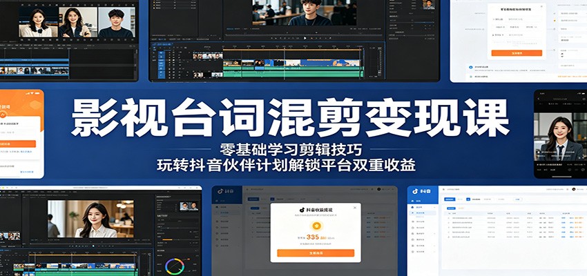 影视台词混剪变现课:零基础学习剪辑技巧,玩转抖音伙伴计划解锁平台双重收益-吾爱网创