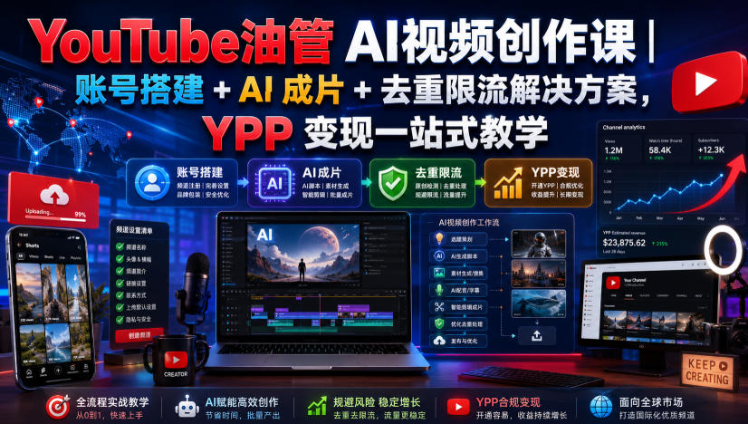 YouTube油管AI视频创作课｜账号搭建+AI成片+去重限流解决方案，YPP变现一站式教学-吾爱网创