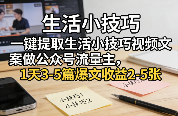 一键提取生活小技巧视频文案做公众号流量主，1天3-5篇爆文收益2-5张-吾爱网创