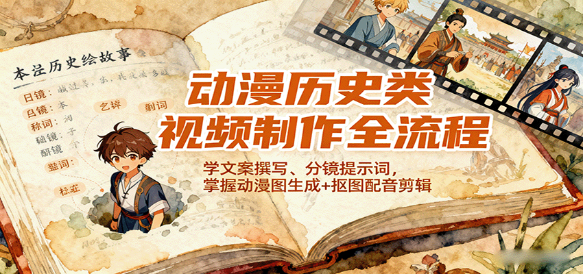 动漫历史类视频制作全流程，学文案撰写、分镜提示词，掌握动漫图生成+抠图配音剪辑-吾爱网创