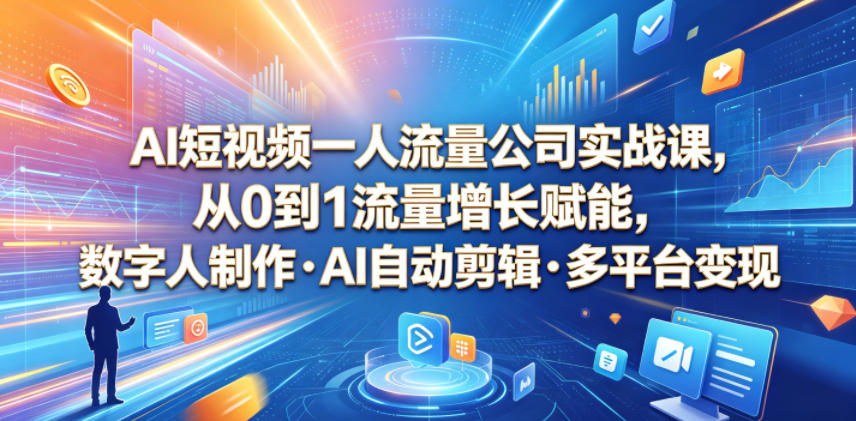 AI短视频一人流量公司实战课,从0到1流量增长赋能,数字人制作・AI自动剪辑・多平台变现,一人做流量生意全落地教程-吾爱网创