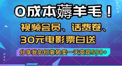 0成本薅羊毛!视频会员、话费卷、30元电影票白送，分享我如何靠转卖一天变现5张+【揭秘】-吾爱网创