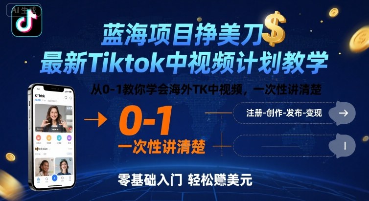 蓝海项目挣美刀，最新Tiktok中视频计划教学，从0-1教你学会海外TK中视频，一次性讲清楚-吾爱网创