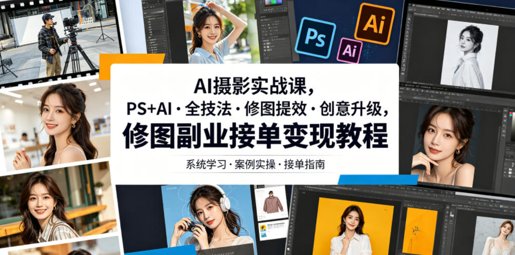 AI摄影实战课，PS+AI・全技法・修图提效・创意升级，修图副业接单变现教程-吾爱网创