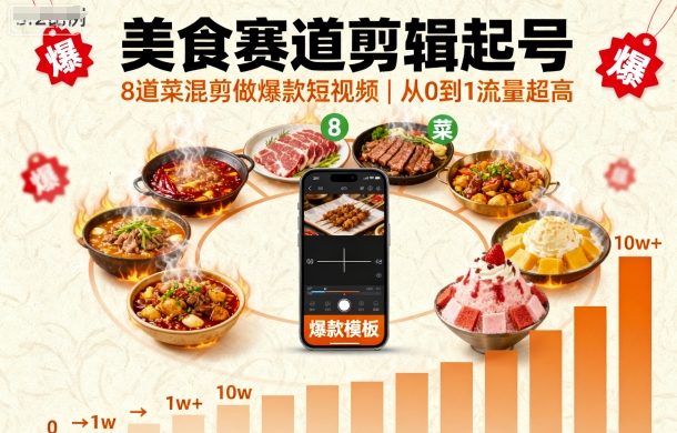 美食赛道剪辑起号，8道菜混剪做爆款短视频，从0到1，流量超高-吾爱网创