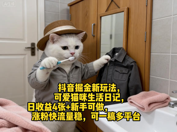 抖音掘金新玩法，可爱猫咪生活日记，日收益4张+新手可做，涨粉快流量稳，可一稿多平台-吾爱网创