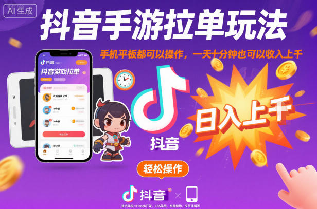 抖音手游拉单玩法，手机平板都可以操作，一天十分钟也可以收入上K【揭秘】-吾爱网创