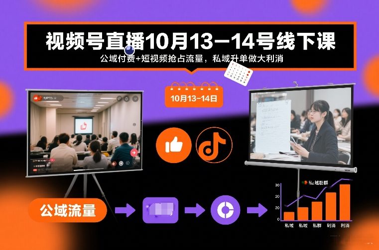 视频号直播10月13-14号线下课，公域付费+短视频抢占流量，私域升单做大利消-吾爱网创