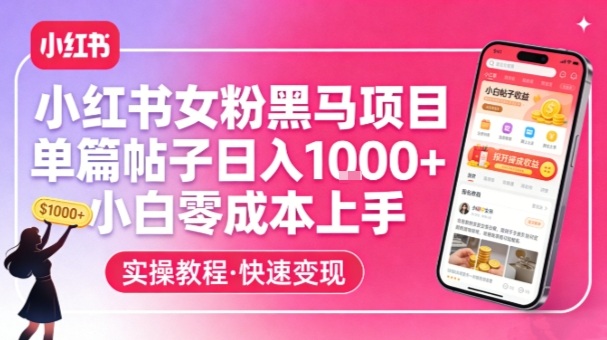 小红书女粉黑马项目，单篇帖子日入1k+，小白零成本上手-吾爱网创