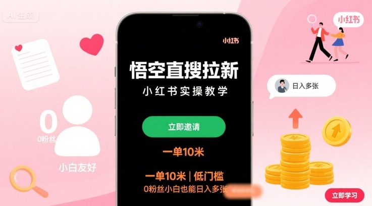 悟空直搜拉新小红书实操教学，一单10米，低门槛，0粉丝小白也能日入多张-吾爱网创