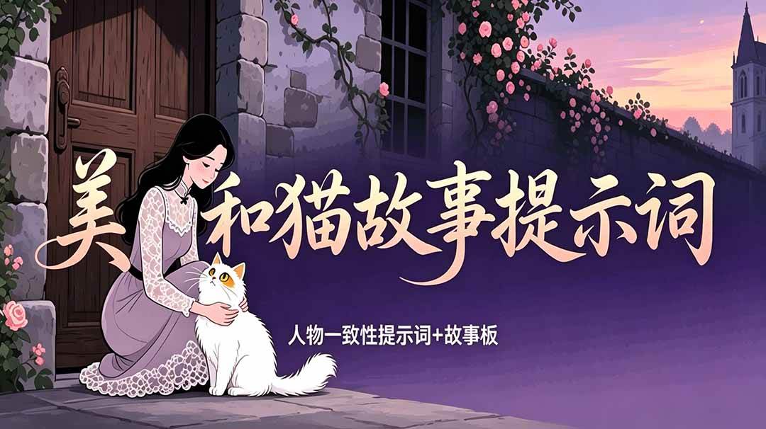 (18909期)美女和猫故事提示词,人物一致性提示词+故事板-吾爱网创