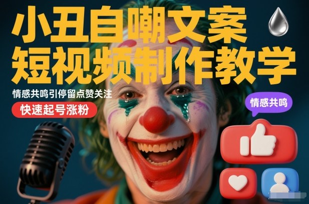 小丑自嘲文案短视频制作教学，情感共鸣引停留点赞关注，快速起号涨粉-吾爱网创
