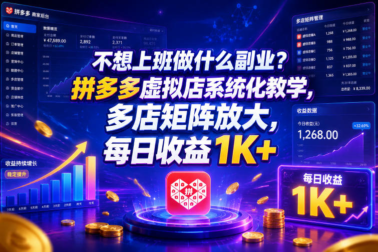 不想上班做什么副业?拼多多虚拟店系统化教学,多店矩阵放大,每日收益1K+【揭秘】-吾爱网创